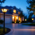 A photograph of a beautifully illuminated solar driveway light in a residential setting at dusk