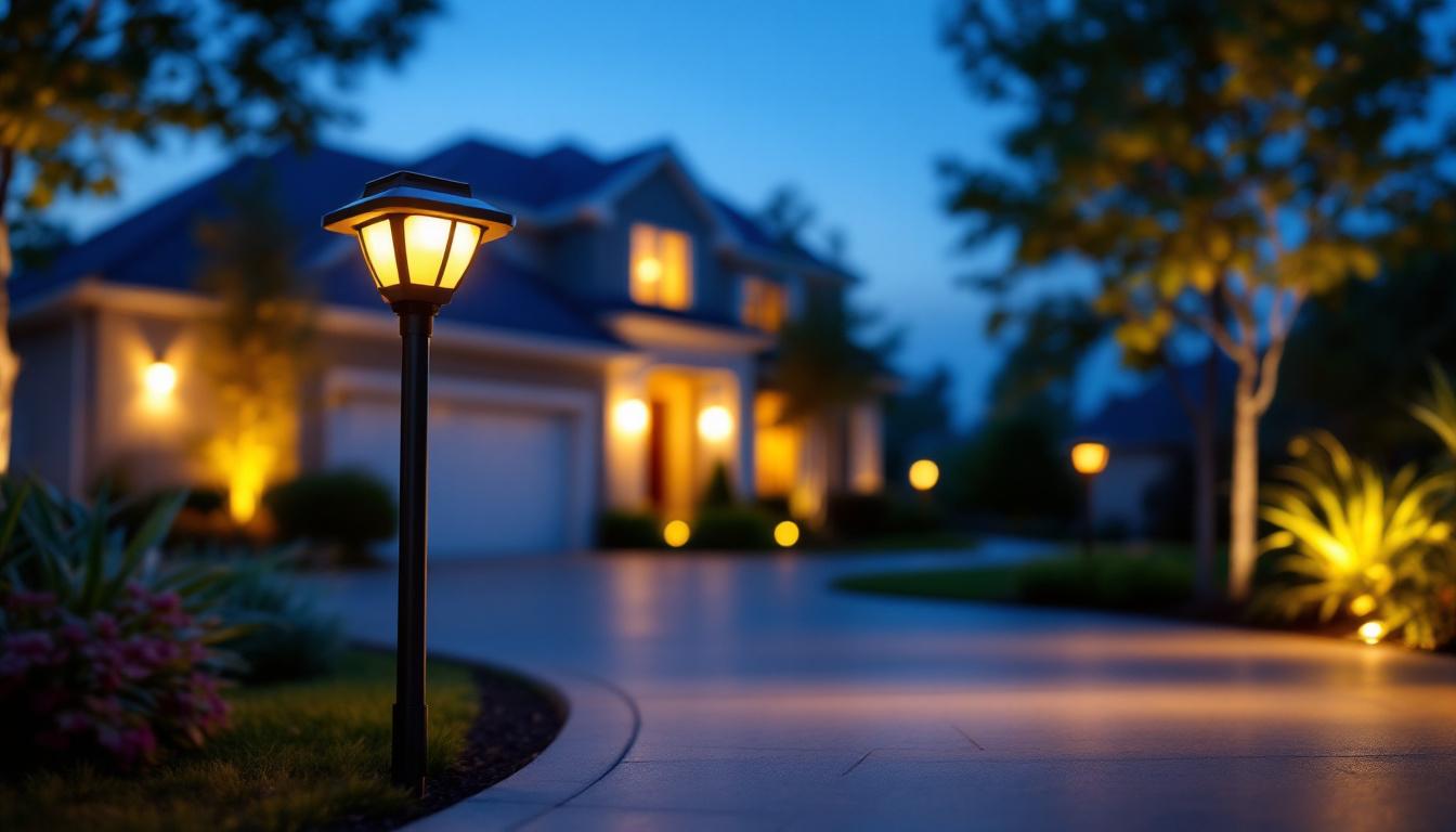 A photograph of a beautifully illuminated solar driveway light in a residential setting at dusk