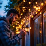 A photograph of a skilled technician expertly installing vibrant temp light stringers along a beautifully decorated outdoor space