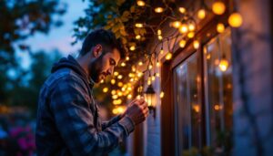A photograph of a skilled technician expertly installing vibrant temp light stringers along a beautifully decorated outdoor space