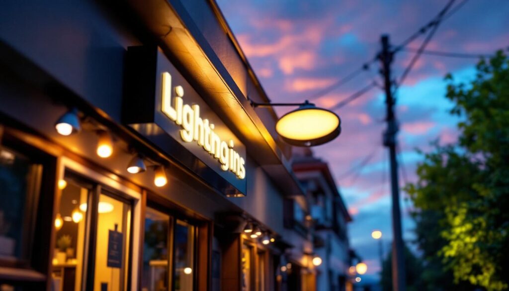 A photograph of a lighting contractor installing or adjusting exterior sign lighting on a commercial building during twilight