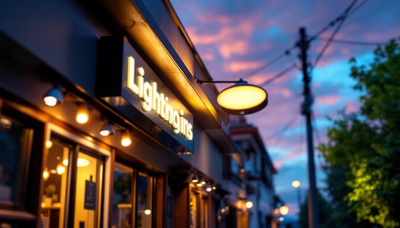 A photograph of a lighting contractor installing or adjusting exterior sign lighting on a commercial building during twilight
