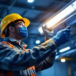 A photograph of a lighting contractor inspecting or installing 4-foot led lights in a commercial or industrial setting