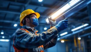A photograph of a lighting contractor inspecting or installing 4-foot led lights in a commercial or industrial setting