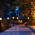 A photograph of a beautifully illuminated outdoor space featuring solar night lights in various settings