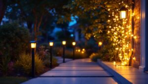 A photograph of a beautifully illuminated outdoor space featuring solar night lights in various settings