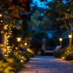 A photograph of a well-lit outdoor space showcasing various solar lights in use