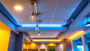A photograph of a well-lit drop ceiling installation showcasing various lighting options