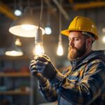 A photograph of a skilled lighting contractor meticulously assembling or installing a modern lighting fixture in a well-lit workshop or construction site
