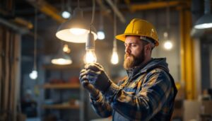A photograph of a skilled lighting contractor meticulously assembling or installing a modern lighting fixture in a well-lit workshop or construction site
