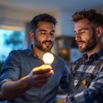 A photograph of a lighting contractor examining and installing a type b light bulb in a residential setting