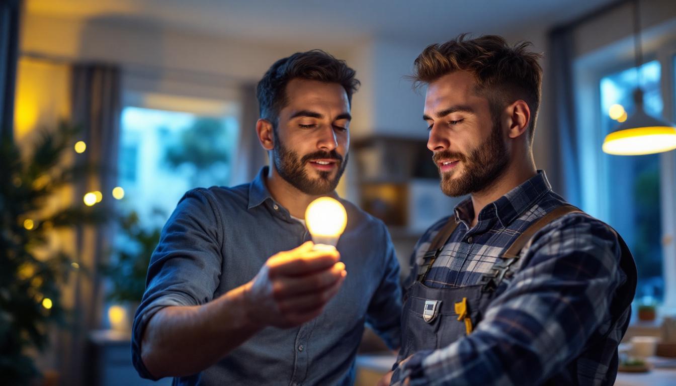 A photograph of a lighting contractor examining and installing a type b light bulb in a residential setting