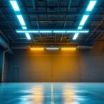 A photograph of a well-lit industrial space featuring linear led high bay lights installed on the ceiling