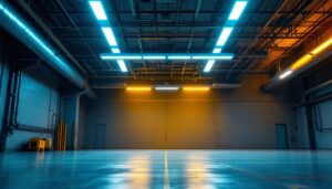 A photograph of a well-lit industrial space featuring linear led high bay lights installed on the ceiling