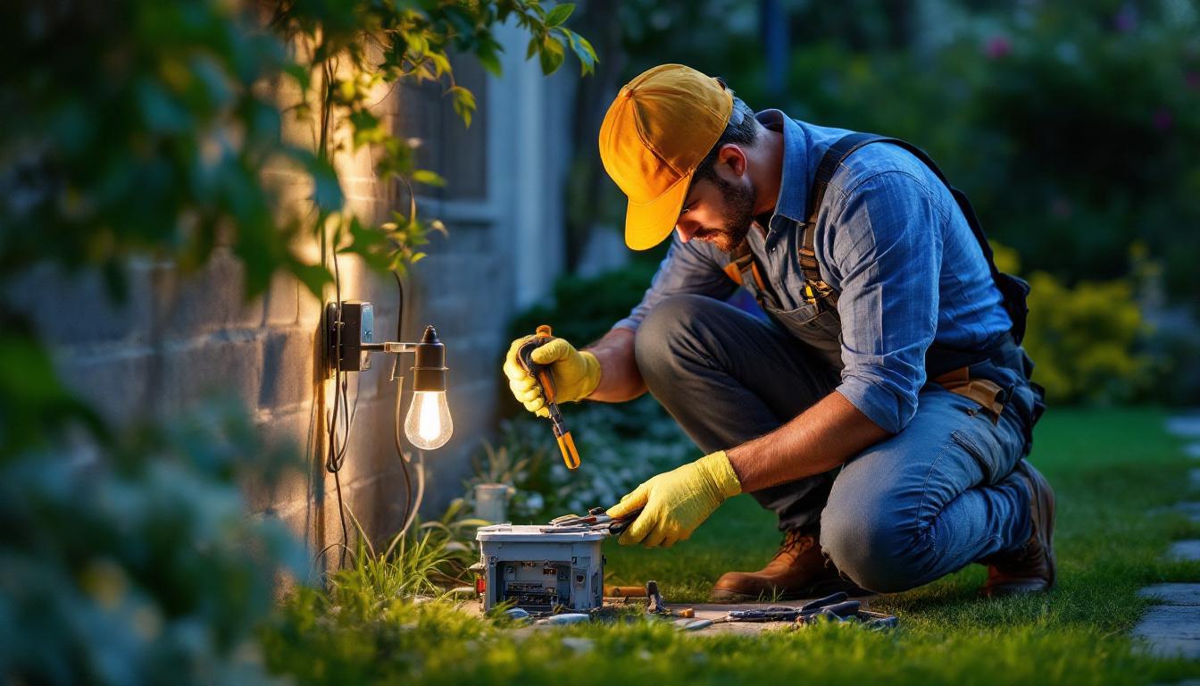 A photograph of a skilled lighting contractor installing an outdoor electrical box in a beautifully lit garden setting