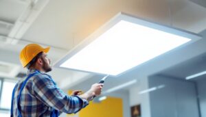 A photograph of a lighting contractor installing a 2x4 led panel in a commercial space