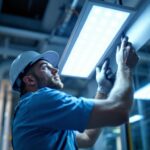 A photograph of a lighting contractor installing or inspecting 2x2 led lights in a commercial space