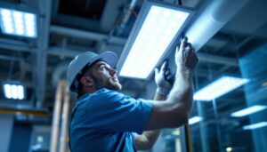 A photograph of a lighting contractor installing or inspecting 2x2 led lights in a commercial space