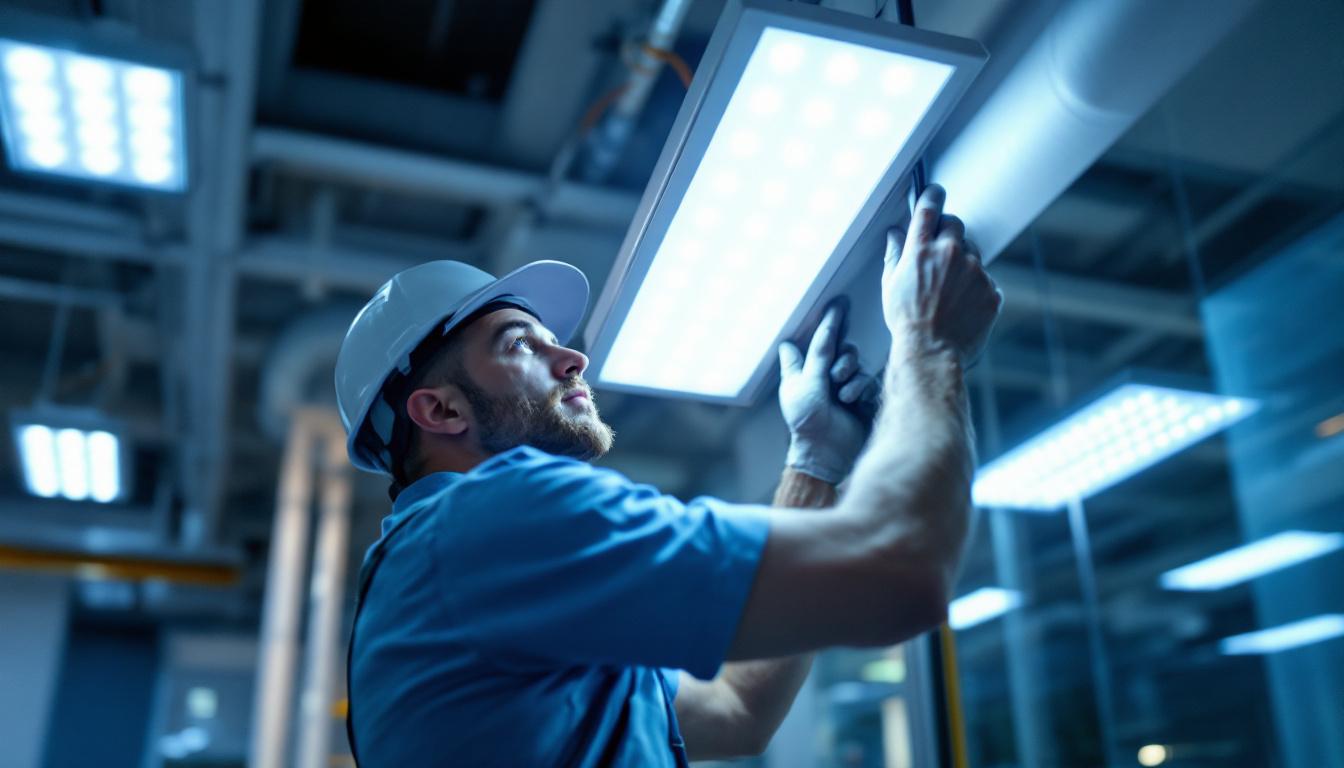 A photograph of a lighting contractor installing or inspecting 2x2 led lights in a commercial space
