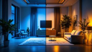 A photograph of a well-lit interior space showcasing both 4000k and 5000k lighting options side by side