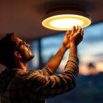 A photograph of a beautifully illuminated dusk-to-dawn ceiling light installed in a cozy indoor setting