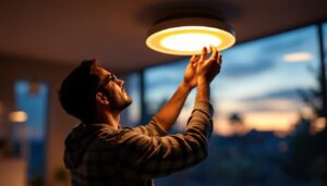 A photograph of a beautifully illuminated dusk-to-dawn ceiling light installed in a cozy indoor setting