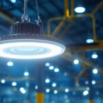 A photograph of a high bay ufo led light fixture installed in a large industrial or commercial space