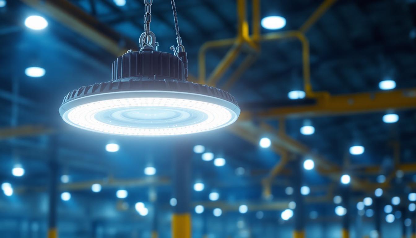 A photograph of a high bay ufo led light fixture installed in a large industrial or commercial space