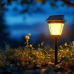 A photograph of a beautifully designed solar-powered night lamp illuminated in a serene outdoor setting at dusk
