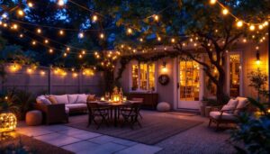A photograph of a beautifully illuminated outdoor space featuring various styles of exterior string lights
