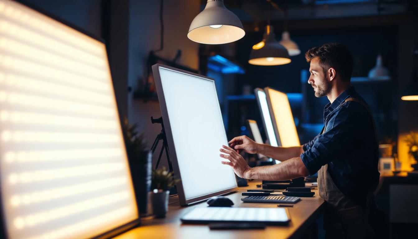 A photograph of capture a photograph of a well-lit workspace featuring a variety of led light panels in use