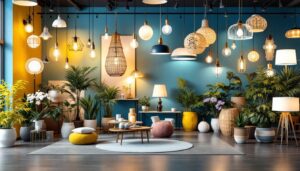 A photograph of a beautifully arranged display of stylish and diverse lighting fixtures in a well-lit showroom