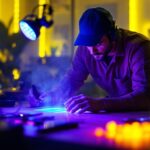 A photograph of a skilled lighting contractor demonstrating the use of uv lights in a professional setting