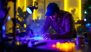 A photograph of a skilled lighting contractor demonstrating the use of uv lights in a professional setting