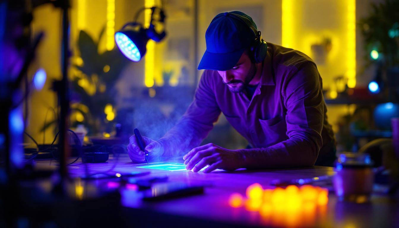 A photograph of a skilled lighting contractor demonstrating the use of uv lights in a professional setting