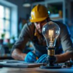 A photograph of a well-lit workspace featuring a 120v 10w bulb in use