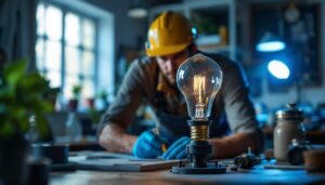 A photograph of a well-lit workspace featuring a 120v 10w bulb in use