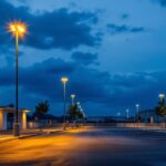 A photograph of a well-lit outdoor parking lot at dusk
