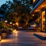 A photograph of a beautifully illuminated outdoor patio featuring stylish solar lights in various designs