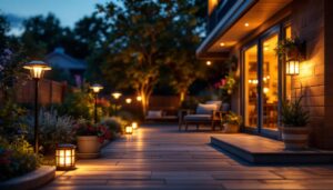 A photograph of a beautifully illuminated outdoor patio featuring stylish solar lights in various designs