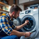 A photograph of a skilled lighting contractor installing or inspecting a washer dryer plug in a modern laundry room