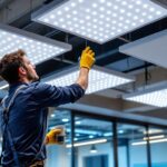 A photograph of a lighting contractor installing sleek led ceiling panels in a modern commercial space
