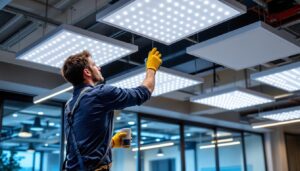 A photograph of a lighting contractor installing sleek led ceiling panels in a modern commercial space