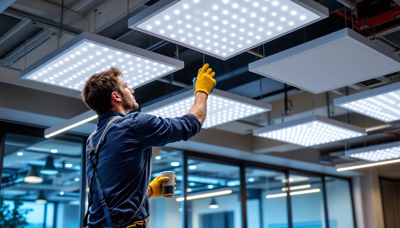 A photograph of a lighting contractor installing sleek led ceiling panels in a modern commercial space