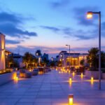 A photograph of a beautifully illuminated outdoor space at dusk