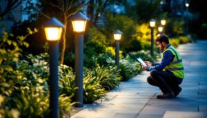 A photograph of a well-lit outdoor setting featuring several solar-powered bollards in use