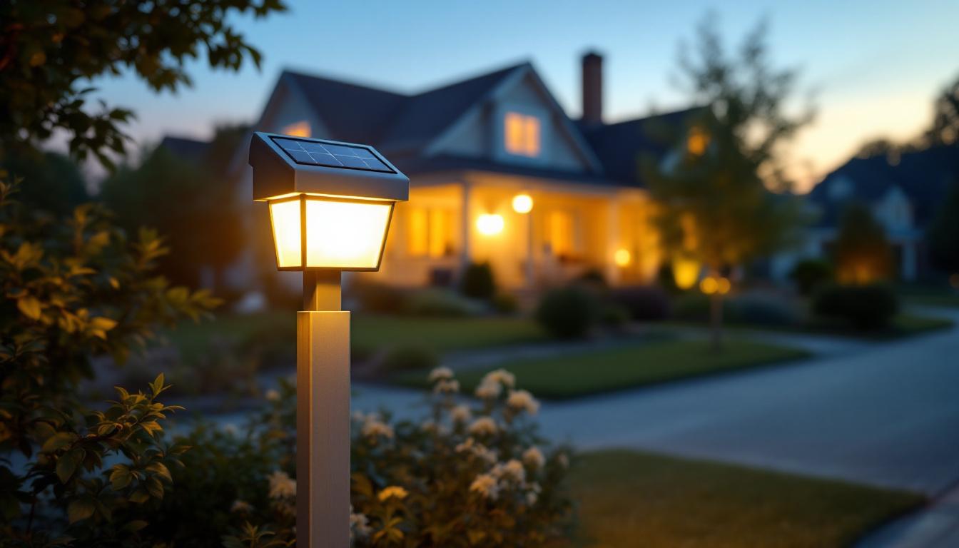 A photograph of a beautifully illuminated solar mailbox light at dusk