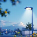 A photograph of a well-lit commercial solar lamp post in an outdoor setting