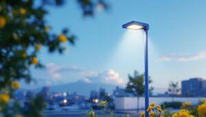 A photograph of a well-lit commercial solar lamp post in an outdoor setting