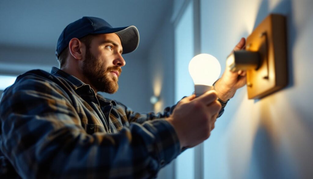 A photograph of a lighting contractor replacing a compact fluorescent lamp (cfl) with an led bulb in a residential setting